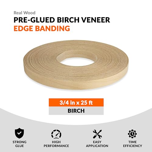 Birch Veneer Edge Banding 3/4 inch x 25 ft Pre Glued Wood Adhesive Edging Trim Tape Iron On Flexible Strips Roll Furniture Laminate Glue Plywood Sheets Strips Sheet Band Formica Glue Bendable - size: 3/4 in x 25 ft