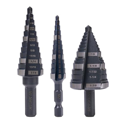 1/2" 7/8" 1-3/8" M2 Step Drill Bit Unibit Set for Hole Drilling - size: Set (1/2", 7/8" & 1-3/8") (Straight)