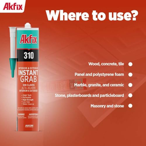 Akfix 310 Instant Grab Adhesive. Paintable. Adheres to Wood, Cocnrete, Glass, Granite, Decorative Tiles - White 10.1 fl oz - size: 1 pack