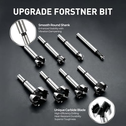 Forstner Bit Set, 8Pcs Wood Drilling Bits for Flat-Bottom Holes