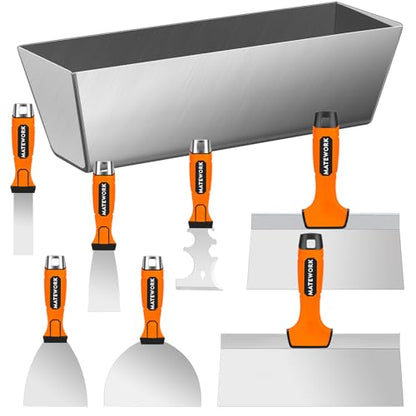 Matework 8Pcs Drywall Tools & Putty Knife Set with Hammer End, Mud Pan - color: 8 Pc