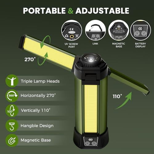 Rechargeable Work Light with Stand, Magnetic Base, Hook & Tripod (Middle) - color: Green Small Rechargeable Work Light with Stand