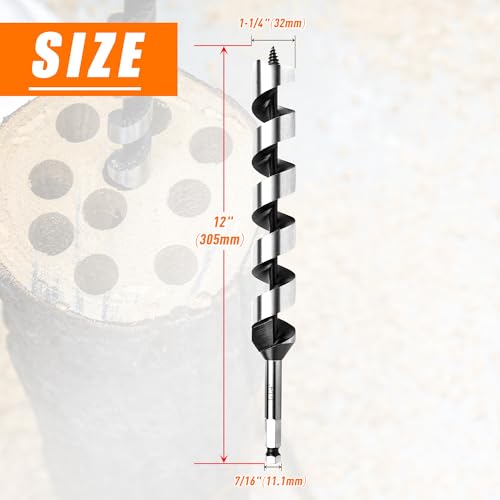 1-1/4 Inch x 12 Inch Auger Drill Bit for Wood,1-1/4 Inch Hex Shank - size: 1-1/4" x 12"