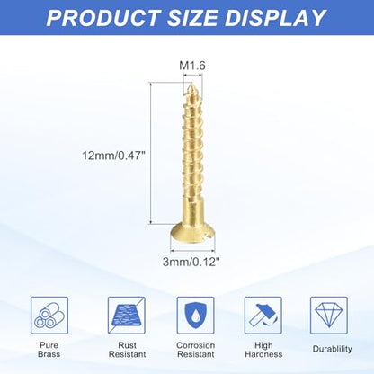 MECCANIXITY 20 Pcs Brass Screws, M1.6 x 12mm Solid Slotted Drive Flat Head Self-Tapping Wood Screw Fasteners for Woodworking Furniture Repair Photo Frame Drywall Home Appliances, Gold - size: M1.6 x 12mm