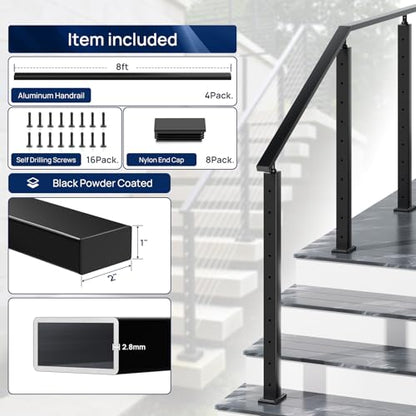 8FTx 2"x1" Aluminum Black Handrail with Self Drilling Screw Nylon End Caps - size: 8FT