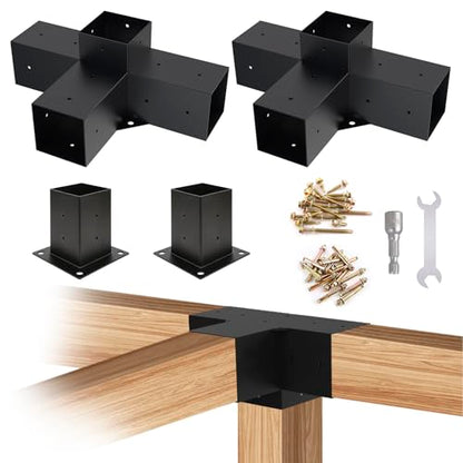4x4 Woodworks Pergola Brackets Kit, 4-Way Corner Extension Brackets, Black Powder Coated, 4x4 Metal Brackets for Wood Beams, Fence and Carport (Actual: 3.5""x3.5""), TK00062-3T2P - size: 4PCS 4-Way 4*4 SET