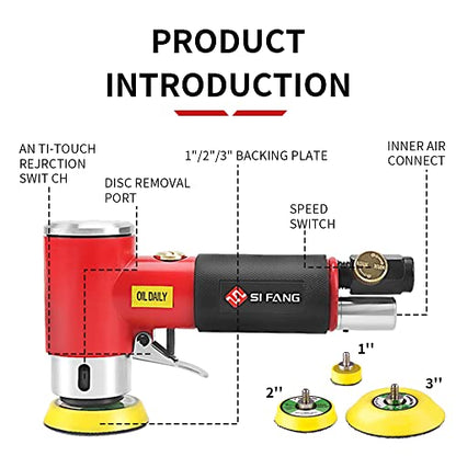 SI FANG Mini Random Orbital Air Sander Kit, Pneumatic Polisher 1/2/3 inch - style: 1"2"3" Buffer&Sander Kit Red