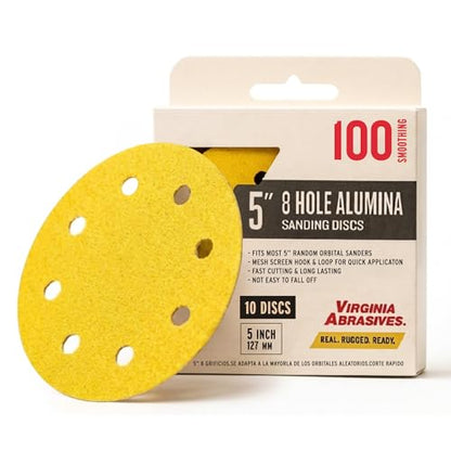 8-Hole Alumina Sanding Discs, Hook & Loop Sandpaper, 5" 100 Grit, Box of 10 - style: 100 Grit/Coarse