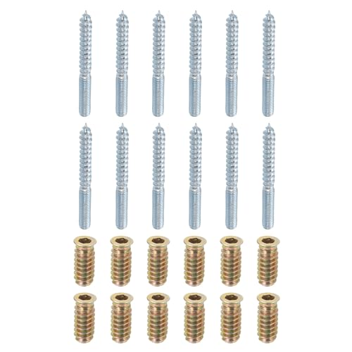 uxcell M6x60mm Hanger Bolts, 12pcs 31mm Wood Dowel Screw Self-Tapping Screw with 12pcs M6x24mm Threaded Insert Nuts Interface Hex Socket Drive, for Joint Furniture Legs