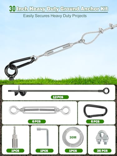 12 Pcs 30" Long Ground Anchors Shed Anchors Kit with 3/16" Galvanized Cable & Turnbuckles & Carabiners, Heavy Duty Earth Anchors for Sheds Trees Trampoline Greenhouse Swing Set Tent - size: 12PCS