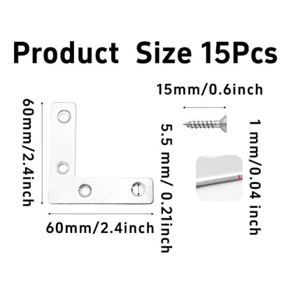 15Pcs 2.4"x2.4" L Shape Flat Corner Bracket, Stainless Steel Angle Plate, Heavy Duty Repair Brace with Screws for Wood, Furniture, Cabinets, Shelves, Metal Frame, Right Angle Mending Plate - size: 2.4"x2.4"