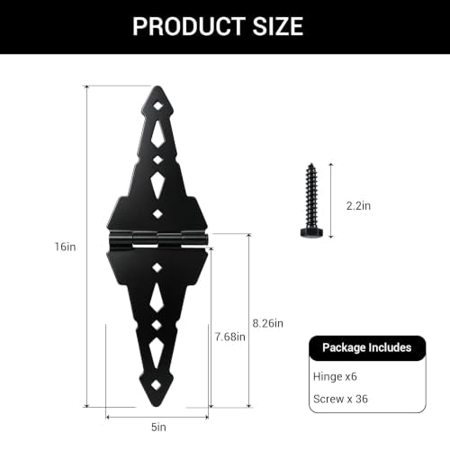 HOME MASTER HARDWARE 8" Heavy Duty Gate Hinges, 6 Pack Strap Hinges, Black