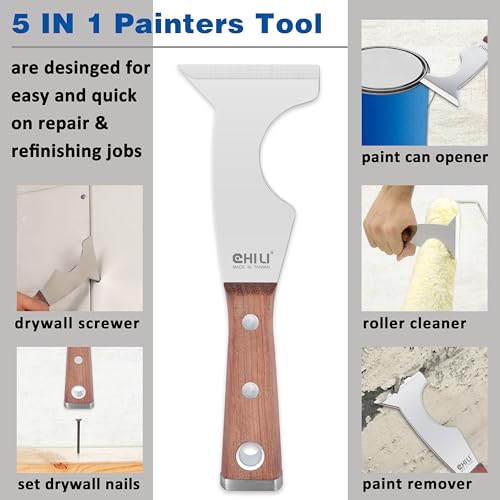 CHILI TOOLS Stainless Steel 5 in 1 Painters Tool with Wood Handle and Metal Hammer End, Made in Taiwan | Spackle Caulk Remover | Roller Cleaner | Putty Knife | Wallpaper Scraper | Can Bottle Opener - style: Paint Scraper