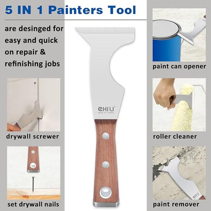 CHILI Tools 2PC. 5 IN 1 Stainless Steel Paint Scraper With Wooden Handle Hammer End, Made In Taiwan - style: Paint Scraper X 2