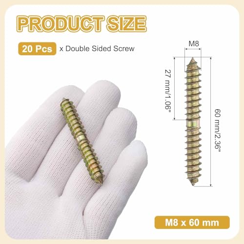 MECCANIXITY 20 Pcs Double Ended Screws, M8 x 60 mm Carbon Steel Hanger Bolts, Self-Tapping Wood Dowel Screws for Wood Joint Furniture, Color Zinc - size: M8 x 60 mm