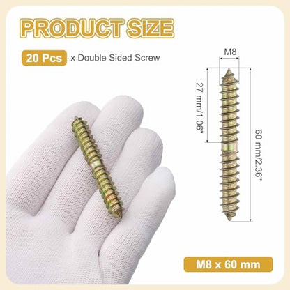MECCANIXITY 20 Pcs Double Ended Screws, M8 x 60 mm Carbon Steel Hanger Bolts, Self-Tapping Wood Dowel Screws for Wood Joint Furniture, Color Zinc - size: M8 x 60 mm