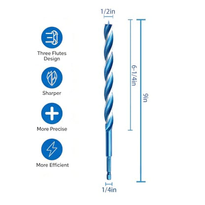 Auger Wood Drill Bit 1/2" x 9" x 2 Packs, Tri-Flute, 1/4 Inch Quick Change Hex Shank - size: 1/2" x 9" x 2Pcs