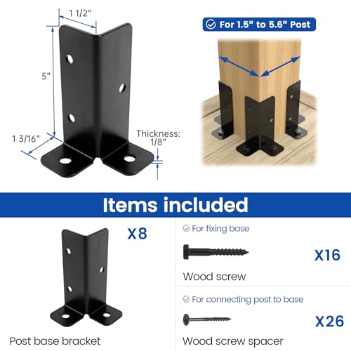 Muzata 8Pack Adjustable Post Base Brackets Deck Post Anchor Fit 1.5x1.5,2x2,2x4,4x4 WT32 Bundle with 4Pack 4x4 Aluminum Post Caps WT06
