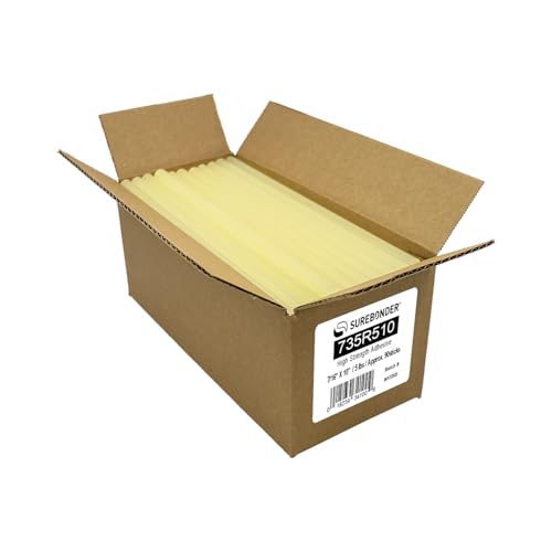 Surebonder 735R510 Full Size 10" High Strength Hot Glue Sticks for Cardboard, Plastic, Wood, Metal - 90 Glue Sticks, Amber, 5 lb Box