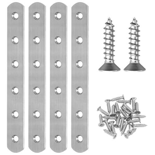 4 PCS Straight Brackets, 6 inch Flat Straight Braces, Stainless Steel Brace Bracket with 24 Pcs Screws for Furniture Repair Fixing