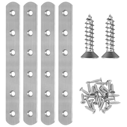 4 PCS Straight Brackets, 6 inch Flat Straight Braces, Stainless Steel Brace Bracket with 24 Pcs Screws for Furniture Repair Fixing