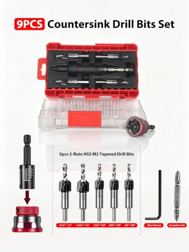 9PCS Countersink Drill Bit Set with Adjustable Depth Stop Collar