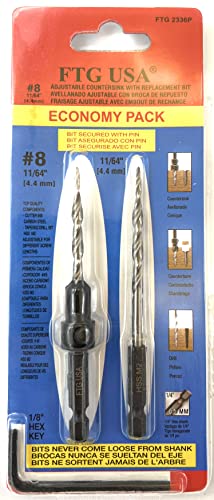 FTG USA #8 (11/64") Wood Countersink Drill Bit w/ 1 Repl. Bit & Hex Key - size: #8, style: Single + 1 Bit
