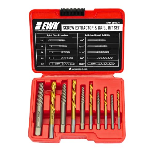 EWK 10 Pcs Screw Extractor Set with HSS Left-Hand Drill Bit, CR-MO Spiral Screw Removal Tool for Stripped, Broken, Damage Rust Screws - style: 10 Pcs Drill Bit Set
