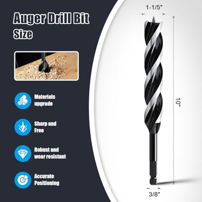 1-1/5" x 10" Auger Drill Bit for Wood,Hex Shank Tri Flute Drill Bit - size: 1-1/5"x10"