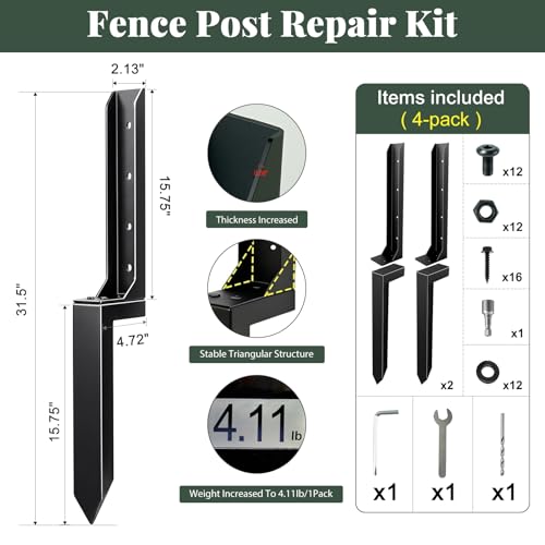Fence Post Repair Kit, 4 Pack Ground Anchor Stakes for Wood Posts