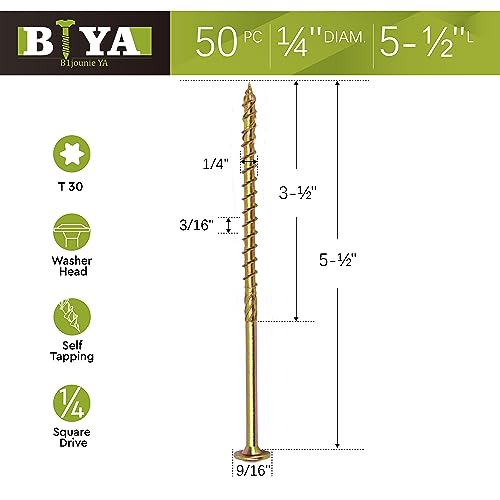 Structural Lag Screws 1/4" x 5-1/2" 50PCS Heavy Duty Wood Screws - size: 1/4" x 5-1/2" - 50 SCREW COUNT
