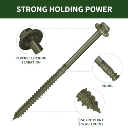 Timber Screws #14 x 5 inch, Heavy Duty Wood Screws with Hex Socket, Green Outdoor Lag Screws for Deck, Fence, Garden Self-Tapping, Rust-Resistant Coated, Sample Pack 18pcs - size: #14 x 5" 18PCS
