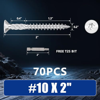#10x2 inch Stainless Steel Deck Screws 70 PCS Wood Screws with T25 Star Bit - size: #10*2"-70pcs