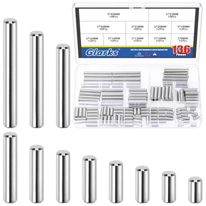 Glarks 135pcs M5 Solid Dowel Pins Kit, 11 Sizes Stainless Steel Cylindrical Shelf Support Peg Pin Rod Fastener, Parallel Dowel Pin Fastener for Machinery Manufacturing, Furniture Installation - size: 136pcs M5