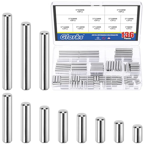 Glarks 135pcs M5 Solid Dowel Pins Kit, 11 Sizes Stainless Steel Cylindrical Shelf Support Peg Pin Rod Fastener, Parallel Dowel Pin Fastener for Machinery Manufacturing, Furniture Installation - size: 136pcs M5