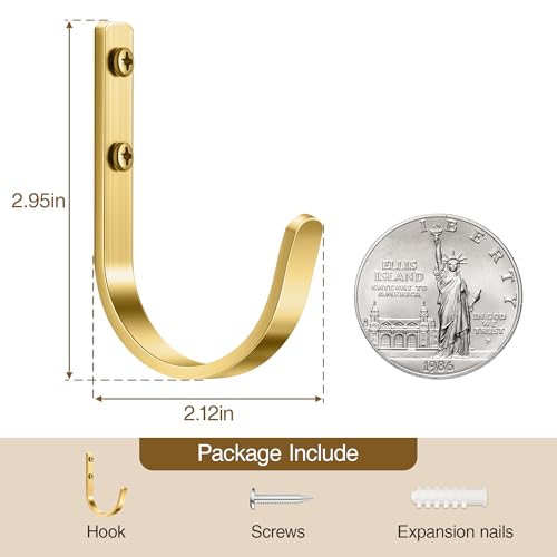 22LB Wall Hooks for Hanging Towel/Coat, Brushed Gold 5 Pack - color: Brushed Gold, size: 5 Pack