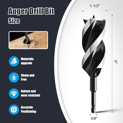 1-1/2" x 6" Auger Drill Bit for Wood,Hex Shank Tri Flute Drill Bit - size: 1-1/2"x6"