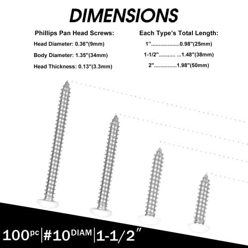 White Head 100 PCS #10x1-1/2(1.5 inch) Stainless Steel Phillips Pan Head Wood Screws,White Coated Screws Covers Head Wood Screws,Stainless Steel 18-8 A2(304) Screw,Home Screw Kit by QISHEN - size: #10 x 1.5 inch