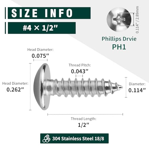 #4 x 1/2" Truss Head Wood Screw, Phillips Truss Head Self Tapping Sheet Metal Tek Screw, 18-8 Stainless Steel 304, Brgiht Finish, 100 PCS - size: #4 x 1/2"