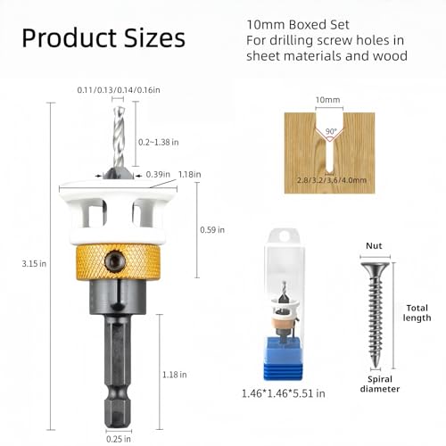 4PCS Countersink Drill Bit Set with Adjustable Depth Stop, M2 HSS 4-Flute Wood Countersink Bits, Hex Shank Pilot Drill for Woodworking, Same Size 8mm or 10mm (10mm Boxed Set) - size: 10mm Boxed Set