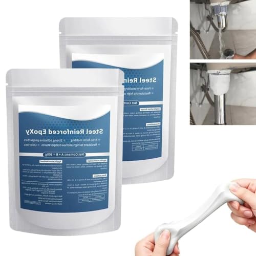 Steel Reinforced Epoxy Putty, High-Strength Repair Clay Filler for Metal Wood Ceramic Tile Stone Plastic, Waterproof Heat Resistant Wood Putty for Cracks Holes Pipes Surface Restoration - color: 2pcs