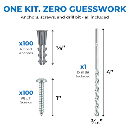 Qualihome Drywall Anchors and Screws Kit with Drill Bit – 100 Anchors & 100 Screws for Drywall, Plastic Wall Anchors for Picture Frames, Shelves, Mirrors, Ribbed Design (6-8 x 7/8") - size: 6–8 x 1” | 100 Pack + Bit
