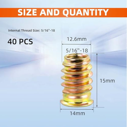 5/16"-18 Threaded Inserts for Wood Nutsert Furniture Screw-in Nut 15mm Length Hex Drive, 40 PCS - size: 5/16-18 x 15mm