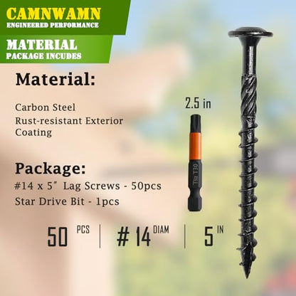 [Pack of 50] #14 x 5 Wood Structural Lag Screws, Black Coated Torx/Star Drive Heavy Duty Construction Wood Screw, Modified Truss Washer Head, Star Drive Bit Included. - color: Black, size: #14 x 5"
