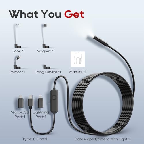 TOPDC Endoscope Camera with Light, 1920P Borescope for iOS and Android - size: 16.4ft / 7.9mm