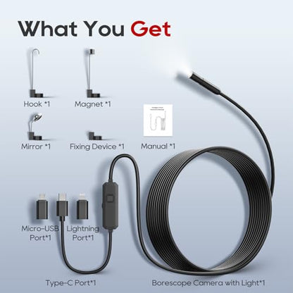 TOPDC Endoscope Camera with Light, 1920P Borescope for iOS and Android - size: 16.4ft / 7.9mm