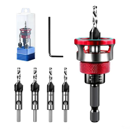 Countersink Drill Bit Set, 4PCS HSS Cutters and Depth Stop for Wood