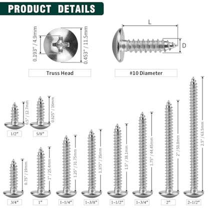 #10 x 3/4" Truss Head Wood Screw, Phillips Truss Head Self Tapping Sheet Metal Tek Screw, 18-8 Stainless Steel 304, Brgiht Finish, 100 PCS - size: #10 x 3/4"