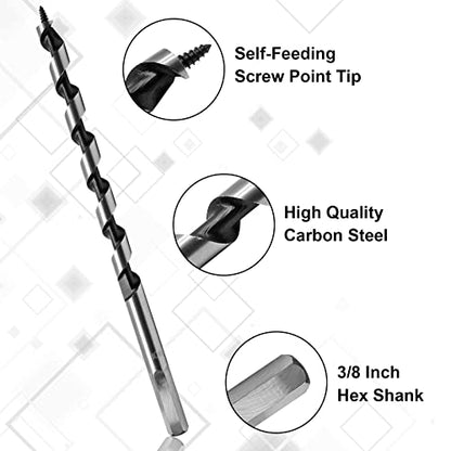 3/8" x 8" Wood Auger Drill Bit with 3/8" Hex Shank Ship Auger Bit - size: 3/8" x 8"