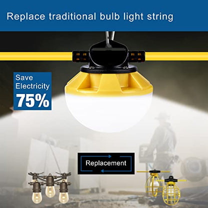 LED Construction String Light 50FT, 50W 6000Lm,18AWG Wire,5000K Linkable String Work Lights with 5 Bulbs & Hooks, Industrial Temporary Lighting for Construction Site, Crawl Space,Job Site,Attic - size: 50FT-2Prong
